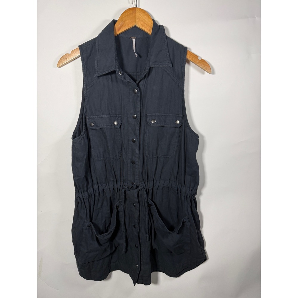 Free People Womens Sleeveless Utility Vest Snap‎ Front Drawstring Waist Black S